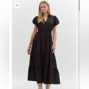 Entro Split V-neck Smocked Waist Midi Dress